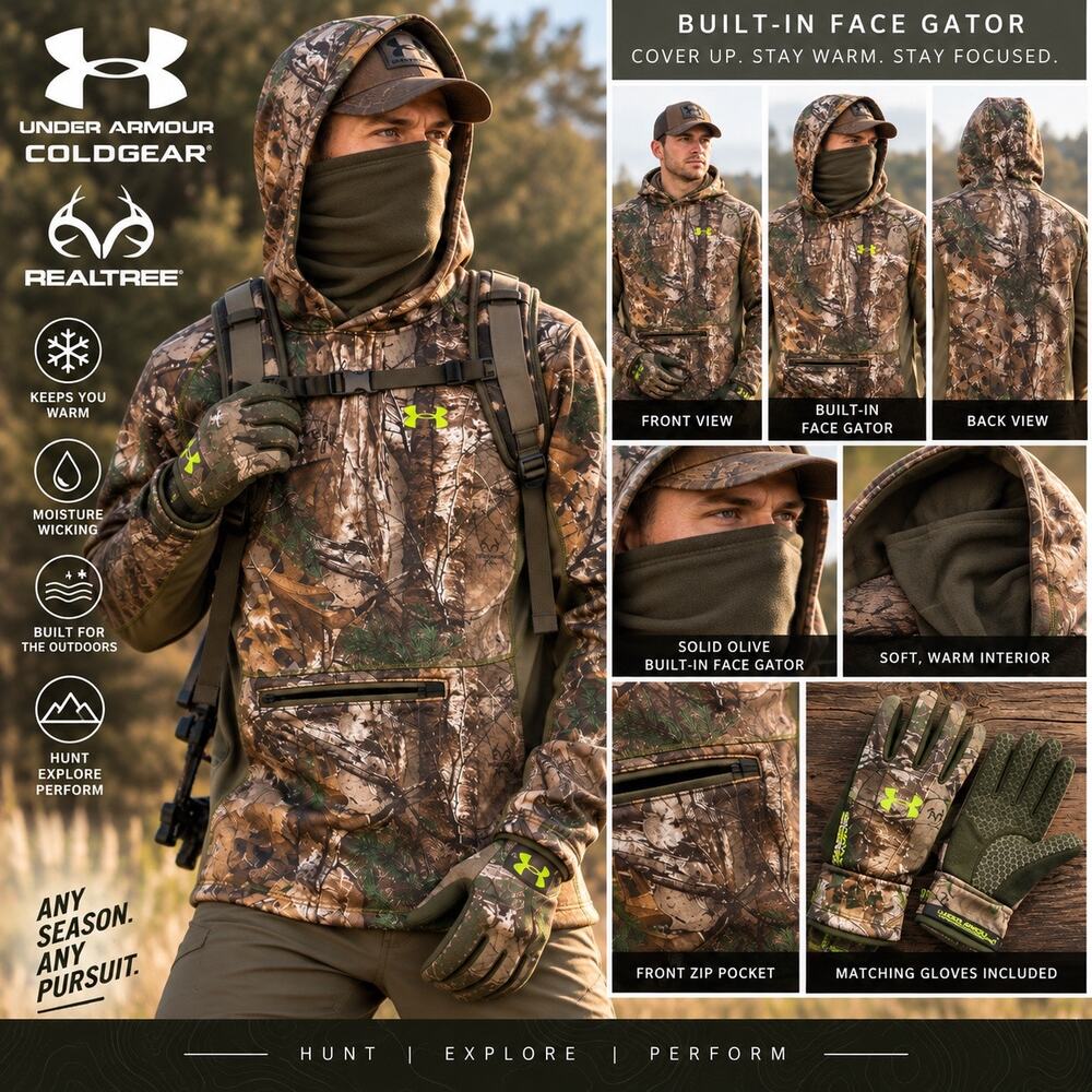 Under Armour ColdGear Realtree Camo Hunting Hoodie w/ Gloves Bundle Men’s L